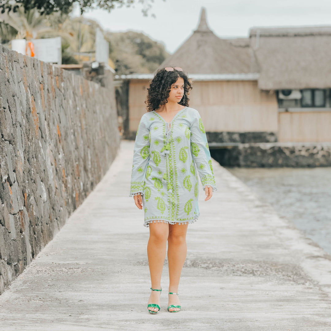 Forest Muse Grey Kaftan Cover-Up Dress with Handmade Green Embroidery - Breathing Soul