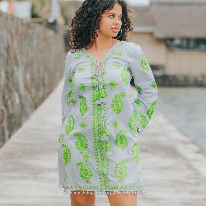 Forest Muse Grey Kaftan Cover-Up Dress with Handmade Green Embroidery - Breathing Soul