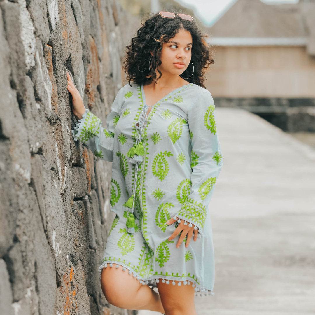 Forest Muse Grey Kaftan Cover-Up Dress with Handmade Green Embroidery - Breathing Soul