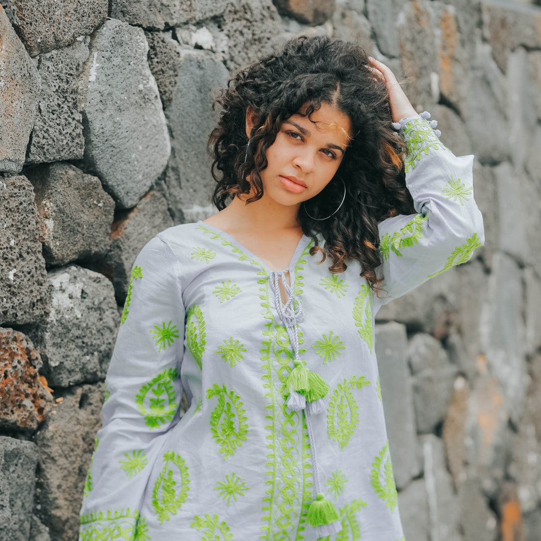 Forest Muse Grey Kaftan Cover-Up Dress with Handmade Green Embroidery - Breathing Soul