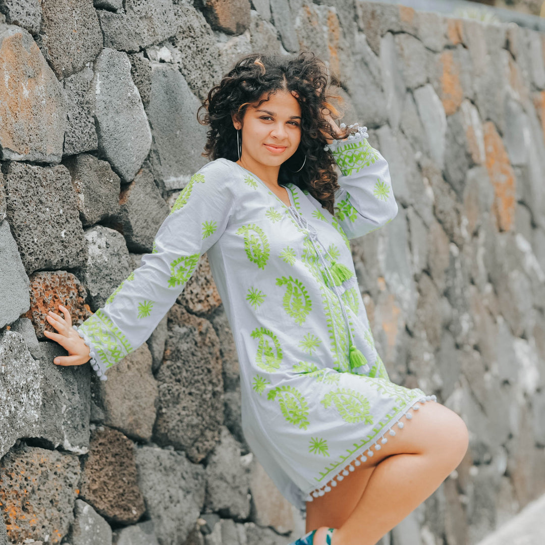 Forest Muse Grey Kaftan Cover-Up Dress with Handmade Green Embroidery - Breathing Soul