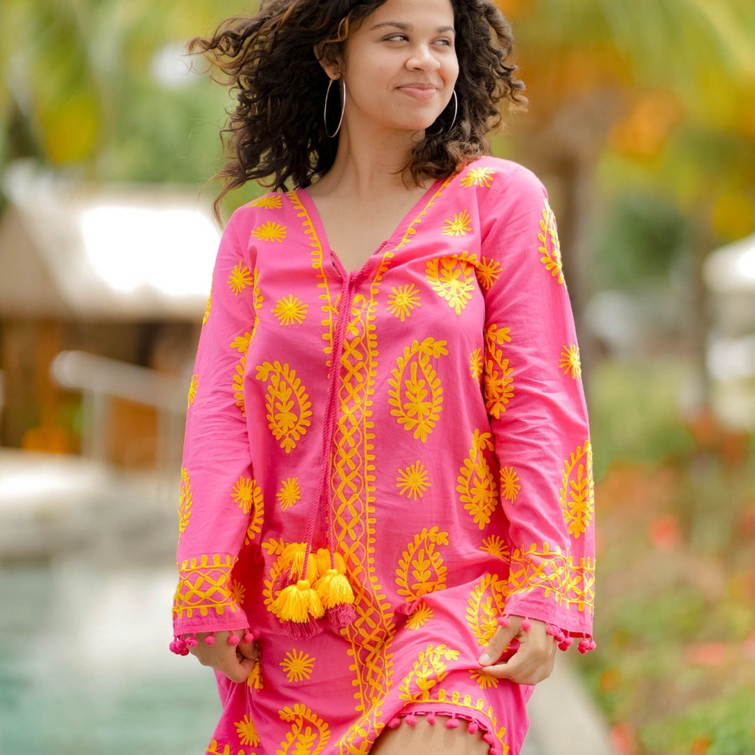 Tropical Oasis Pink Kaftan Cover-Up Dress with Vibrant Yellow Embroidery - Breathing Soul