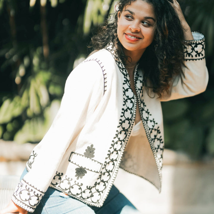 Tranquil Oasis Artisan-Crafted Embroidered Blazer - Breathing Soul