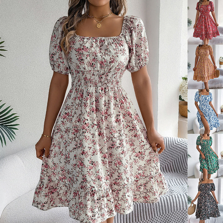 Elegant Floral Print Square Collar Ruffle Summer Dress for Women