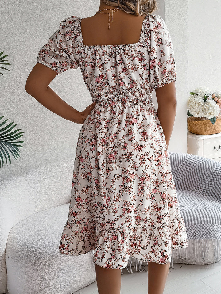 Elegant Floral Print Square Collar Ruffle Summer Dress for Women