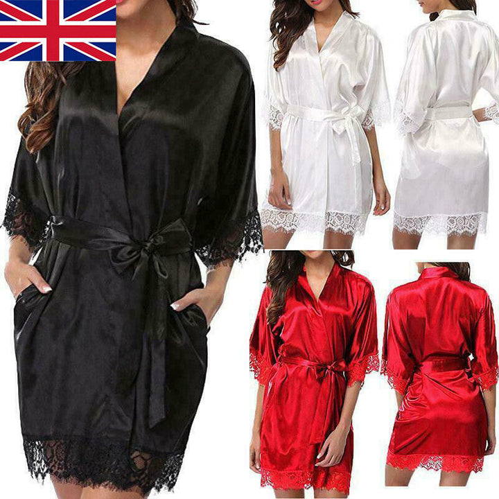 UK Satin Robe Wedding Bride Bridesmaid Kimono Dressing Gown Sleepwear