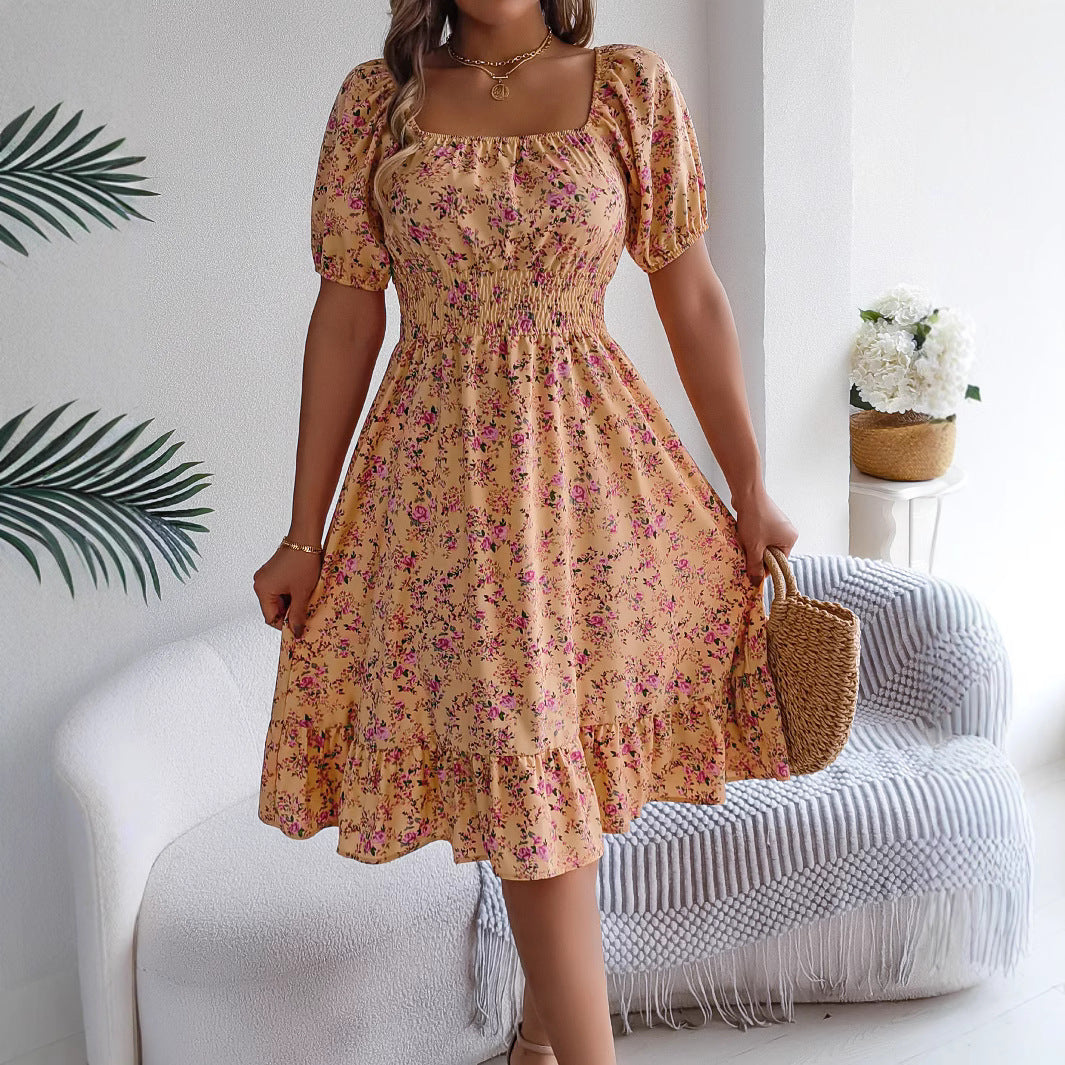 Elegant Floral Print Square Collar Ruffle Summer Dress for Women