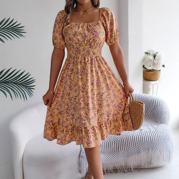 Elegant Floral Print Square Collar Ruffle Summer Dress for Women