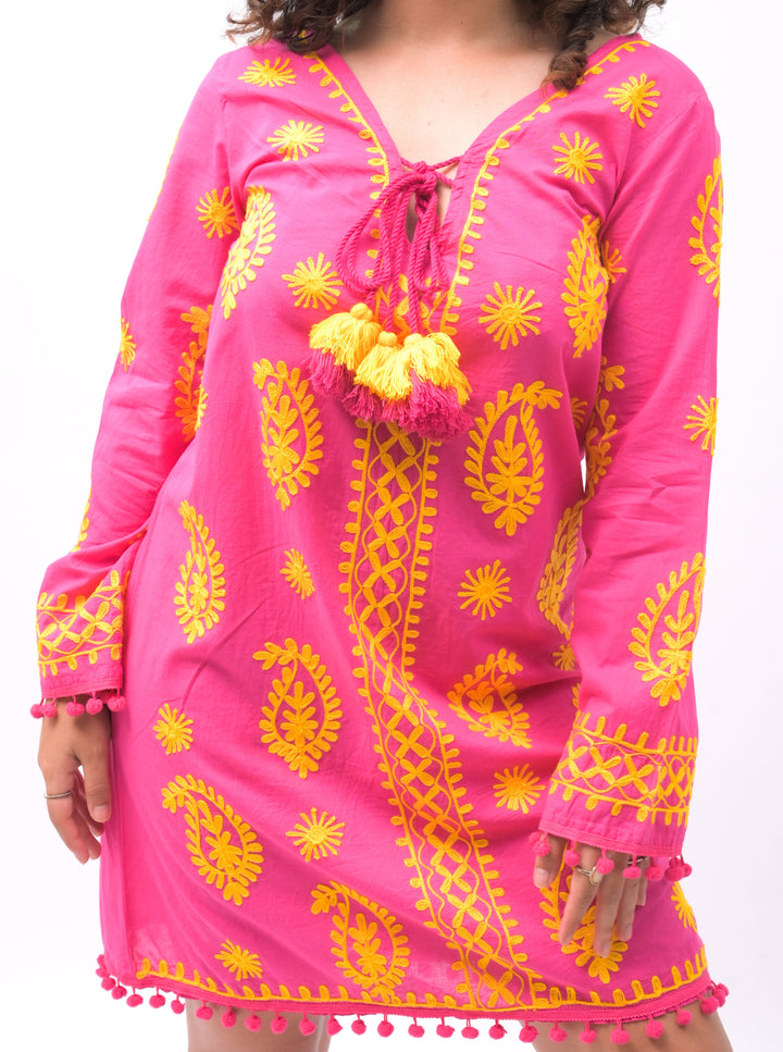 Tropical Oasis Pink Kaftan Cover-Up Dress with Vibrant Yellow Embroidery - Breathing Soul
