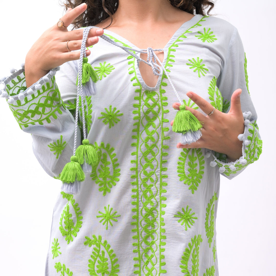 Forest Muse Grey Kaftan Cover-Up Dress with Handmade Green Embroidery - Breathing Soul