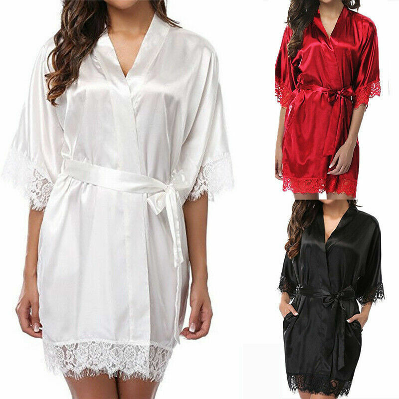 UK Satin Robe Wedding Bride Bridesmaid Kimono Dressing Gown Sleepwear