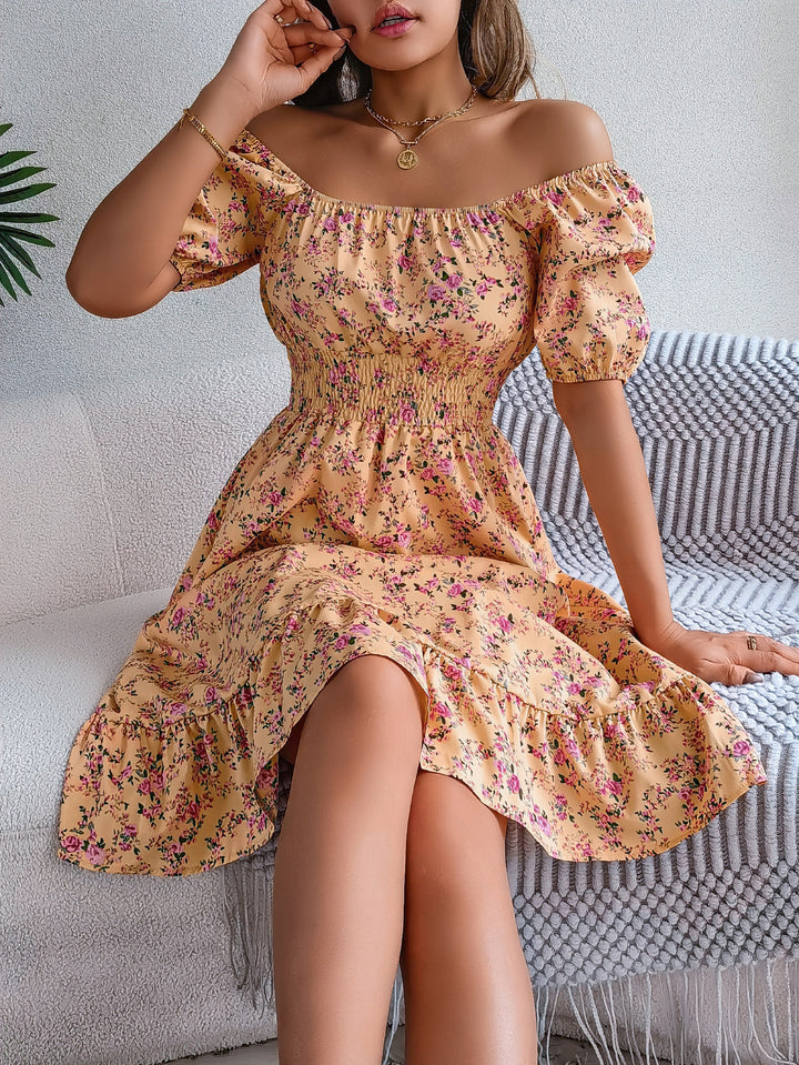 Elegant Floral Print Square Collar Ruffle Summer Dress for Women